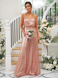 A-Line/Princess Sequins Ruched Straps Sleeveless Floor-Length Bridesmaid Dresses TPP0004943