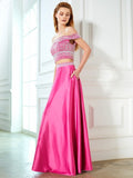 A-Line/Princess Off-the-Shoulder Beading Sleeveless Satin Floor-Length Two Piece Dresses TPP0003799