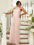 Sheath/Column Silk like Satin Ruched Halter Sleeveless Floor-Length Bridesmaid Dresses TPP0004984