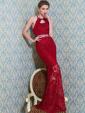 Sheath/Column Jewel Sleeveless Beading Floor-Length Lace Dresses TPP0003916