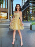 A-Line/Princess Tulle Spaghetti Straps Applique Sleeveless Short/Mini Homecoming Dresses TPP0004161