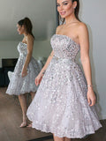 A-Line/Princess Strapless Sleeveless Sequin Knee-Length Tulle Homecoming Dresses TPP0004277