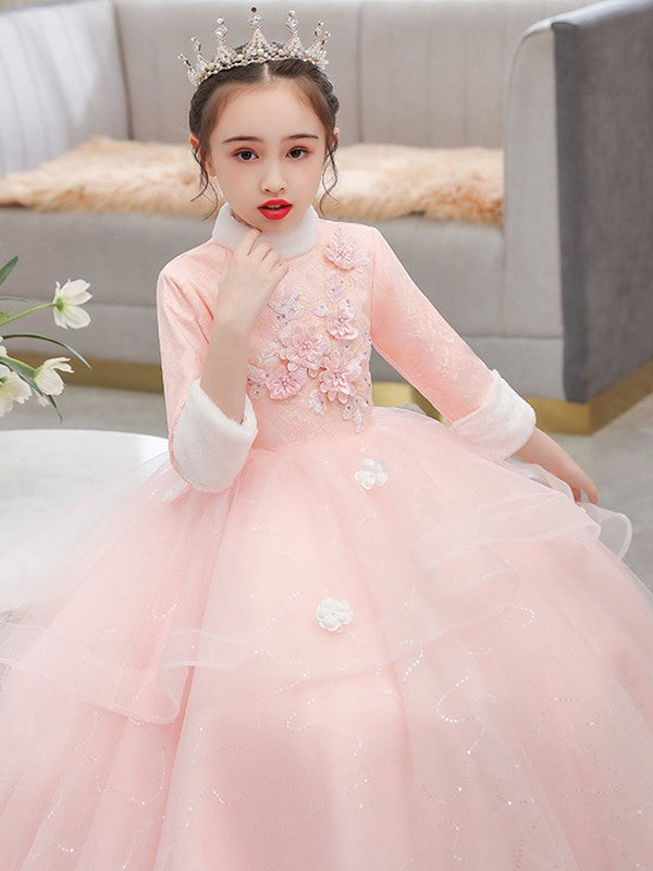 A-Line/Princess Tulle Hand-Made Flower High Neck 3/4 Sleeves Floor-Length Flower Girl Dresses TPP0007505