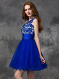 A-line/Princess One-Shoulder Lace Sleeveless Short Satin Dresses TPP0008391