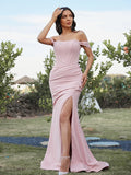 Sheath/Column Stretch Crepe Ruched Off-the-Shoulder Sleeveless Sweep/Brush Train Bridesmaid Dresses TPP0004910
