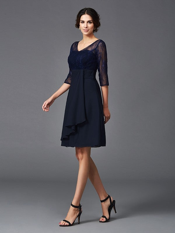 A-Line/Princess V-neck Lace 1/2 Sleeves Short Chiffon Mother of the Bride Dresses TPP0007327