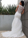 Trumpet/Mermaid Tulle Lace V-neck Sleeveless Sweep/Brush Train Wedding Dresses TPP0006142