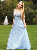 A-Line/Princess Sleeveless V-neck Applique Tulle Floor-Length Dresses TPP0004558
