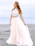 A-Line/Princess High Neck Tulle Beading Sleeveless Floor-Length Two Piece Dresses TPP0004652