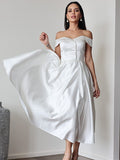 A-Line/Princess Satin Ruffles Off-the-Shoulder Sleeveless Tea-Length Wedding Dresses TPP0007025