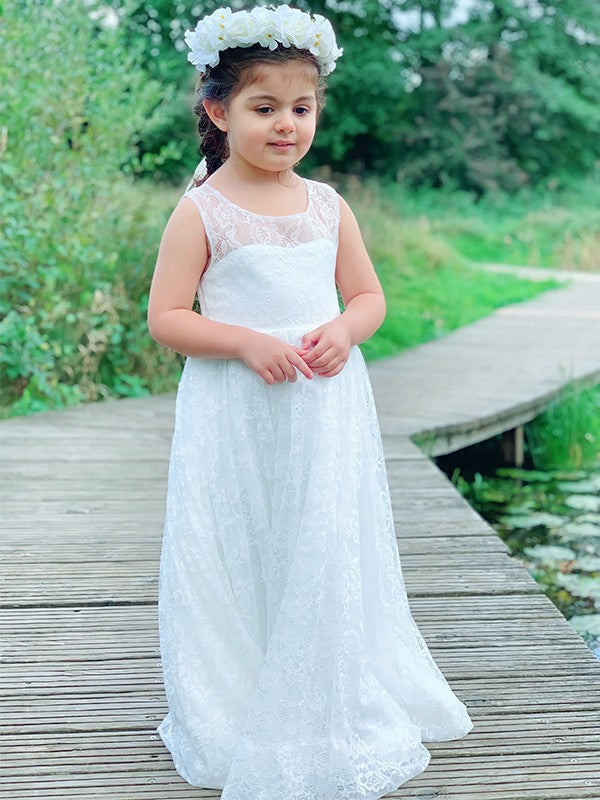 A-Line/Princess Lace Ruffles Scoop Sleeveless Ankle-Length Flower Girl Dresses TPP0007475
