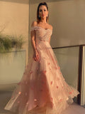 A-Line/Princess Tulle Hand-Made Flower Off-the-Shoulder Sleeveless Floor-Length Two Piece Dresses TPP0004574