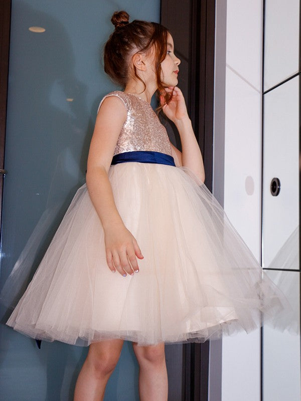 A-Line/Princess Tulle Sash/Ribbon/Belt Scoop Short Sleeves Knee-Length Flower Girl Dresses TPP0007482
