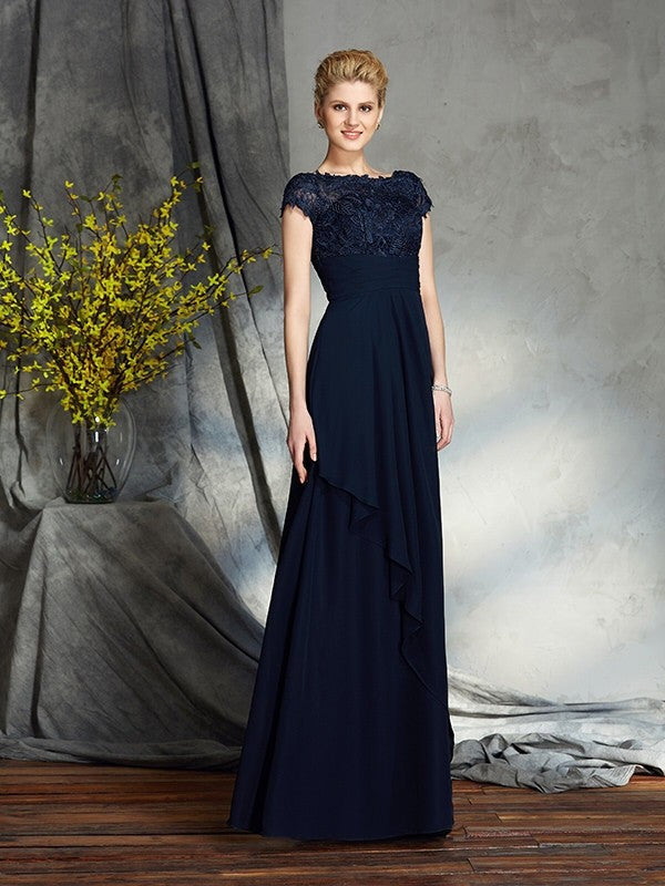 A-Line/Princess Bateau Applique Short Sleeves Long Chiffon Mother of the Bride Dresses TPP0007264