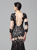 Sheath/Column High Neck Lace 3/4 Sleeves Long Elastic Woven Satin Dresses TPP0009212