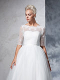Ball Gown Bateau Lace 1/2 Sleeves Long Net Wedding Dresses TPP0006343