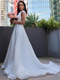 A-Line/Princess Stretch Crepe Ruffles V-neck Short Sleeves Sweep/Brush Train Wedding Dresses TPP0007020