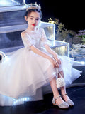A-Line/Princess Tulle Applique Scoop Short Sleeves Asymmetrical Flower Girl Dresses TPP0007509