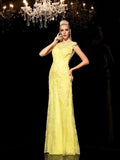 Sheath/Column Sheer Neck Lace Sleeveless Long Chiffon Dresses A201009255