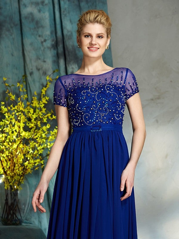 A-Line/Princess Scoop Beading Short Sleeves Long Chiffon Mother of the Bride Dresses TPP0007371