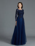 A-Line/Princess Long Sleeves Scoop Beading Floor-Length Tulle Mother of the Bride Dresses TPP0007069