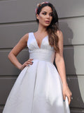 A-Line/Princess Satin Ruched V-neck Sleeveless Tea-Length Wedding Dresses TPP0007021