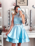 A-Line/Princess Satin Lace Sleeveless Halter Short/Mini Two Piece Homecoming Dresses TPP0004654