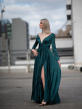 A-Line/Princess Long Sleeves Ruffles Satin Chiffon V-neck Floor-Length Dresses TPP0009083