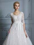 Ball Gown V-neck Court Train 1/2 Sleeves Lace Tulle Wedding Dresses TPP0006340