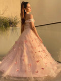 A-Line/Princess Tulle Hand-Made Flower Off-the-Shoulder Sleeveless Floor-Length Two Piece Dresses TPP0004574