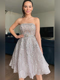 A-Line/Princess Strapless Sleeveless Sequin Knee-Length Tulle Homecoming Dresses TPP0004277