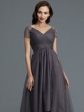 A-Line/Princess V-neck Short Sleeves Asymmetrical Tulle Mother of the Bride Dresses TPP0007098