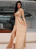 A-Line/Princess Straps Sequins Ruched Sleeveless Floor-Length Dresses TPP0004748