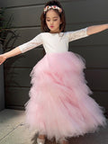 A-Line/Princess Tulle Lace Scoop 3/4 Sleeves Ankle-Length Flower Girl Dresses TPP0007497