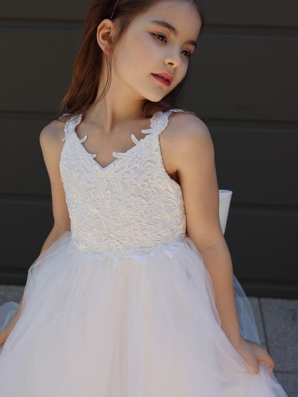 A-Line/Princess Tulle Bowknot Sweetheart Sleeveless Floor-Length Flower Girl Dresses TPP0007458