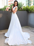 A-Line/Princess Stretch Crepe Ruffles V-neck Short Sleeves Sweep/Brush Train Wedding Dresses TPP0007020
