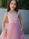 A-Line/Princess Tulle Bowknot V-neck Sleeveless Floor-Length Flower Girl Dresses TPP0007496