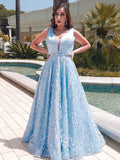 A-Line/Princess Lace Applique V-neck Sleeveless Floor-Length Dresses TPP0004761