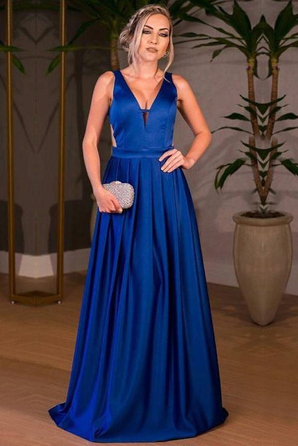 Royal Blue Satin V-neck A-line Floor-length Ruched Backless Prom Dresses