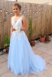 Elegant Blue Chiffon A line V Neck V Back Tulle Lace Long Prom Dresses, Evening Dress PW270