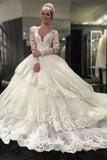 Long Sleeve V-neck Open Back Lace Ball Gown Wedding Dresses Bridal Dresses