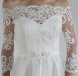 A-Line Lace Scoop 3/4 Sleeve Appliques Tulle Floor-Length White Button Wedding Dresses
