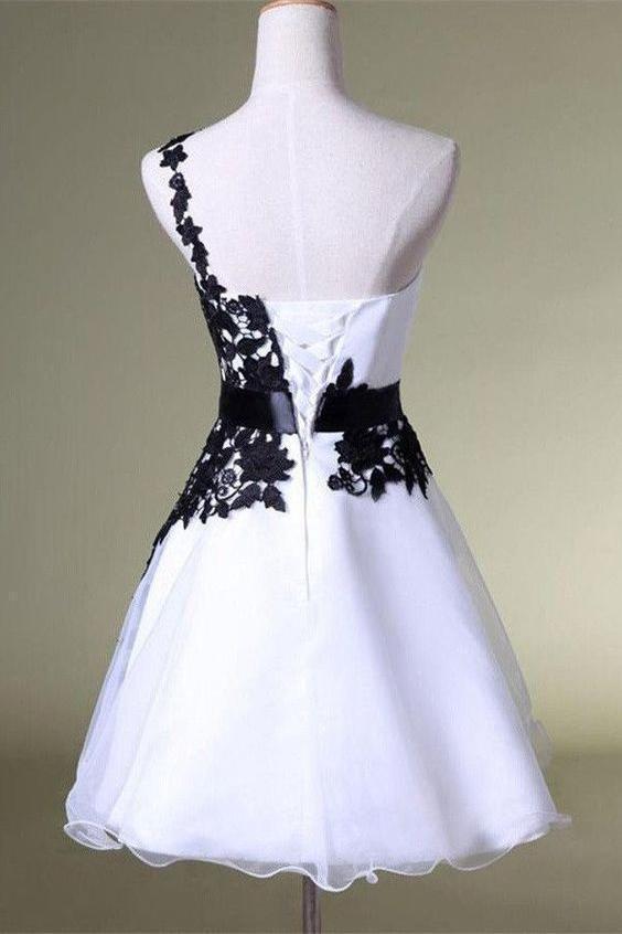 A Line One Shoulder White Homecoming Dress with Black Lace Knee Length Party Dress