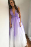Ombre Open Back Deep V Neck Long Tulle Purple Backless Beading Prom Dresses