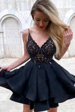 A Line V Neck Lace Layered Black Top Lace Short Homecoming Dresses with Spaghetti Straps