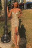 Spaghetti Straps Gold Mermaid Sequin Sheath Long Prom Dresses With Side Slit