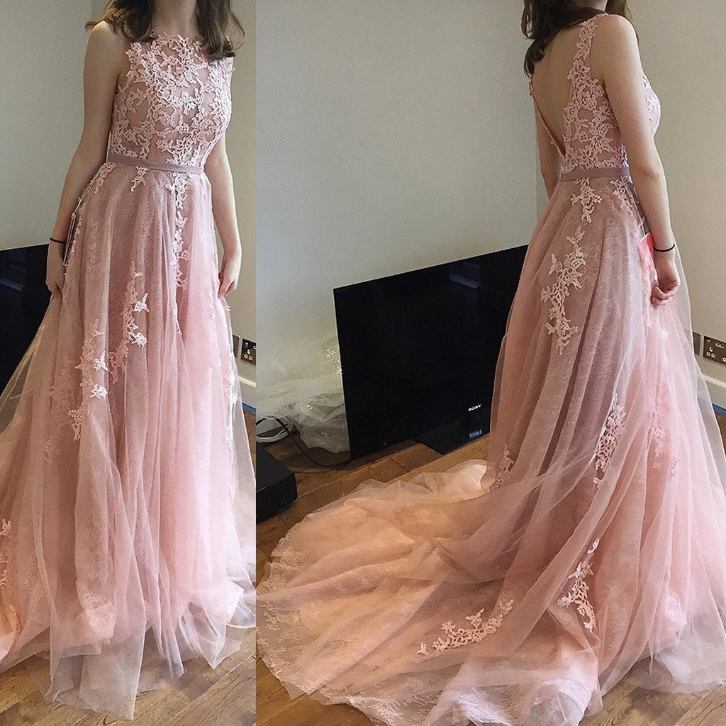 Charming Pink Lace Tulle Long A-line Open Back Elegant Little Train Wedding Dresses