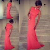 Charming Mermaid High Neck Sleeveless Scoop Backless Pink Satin Long Pink Prom Dresses