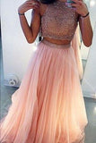 Charming A-Line Beading Two Pieces Long High Neck Tulle Floor-Length Prom Dresses