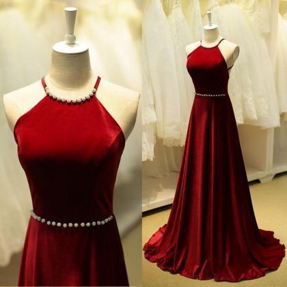 Cheap Pearl High Quality Gorgeous A-Line Satin Halter Backless Floor-Length Prom Dresses